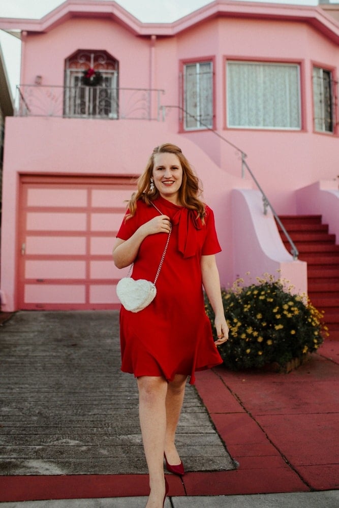 red dress with bow on front